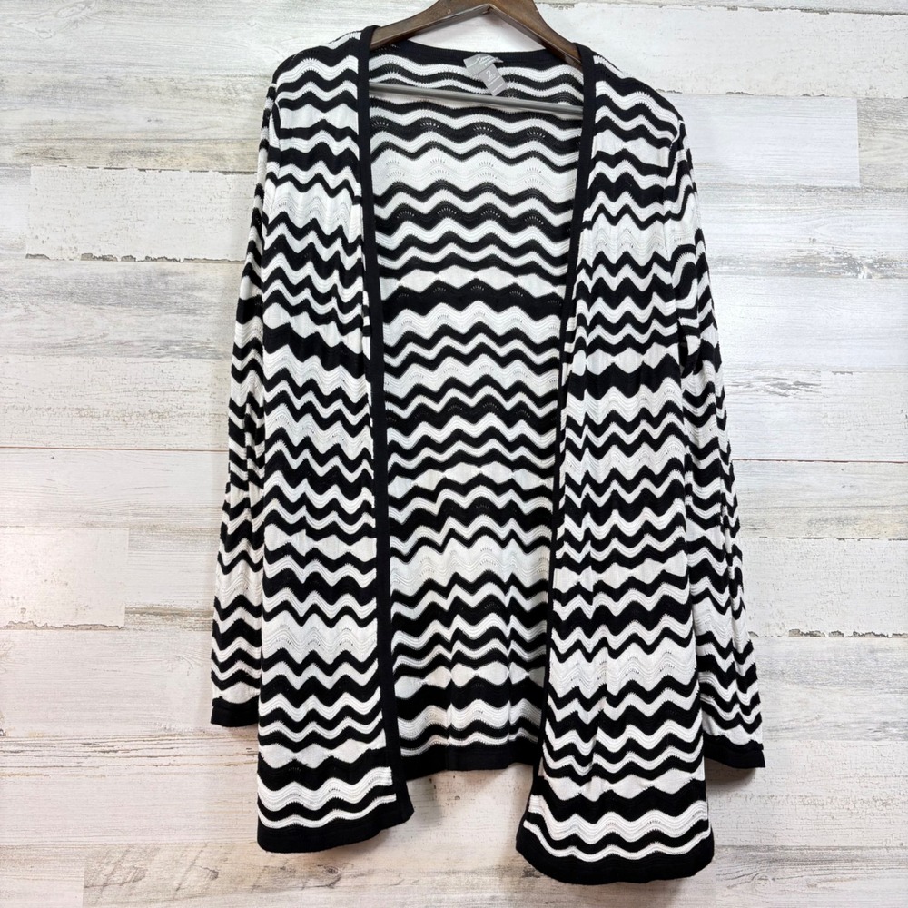 Chicos Travelers Collection Black White Chevron Zig‎ Zag Open Front Cardigan 2 L